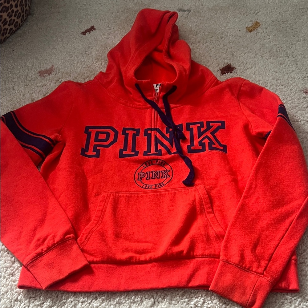 Red PINK Hoodie with Navy Accents